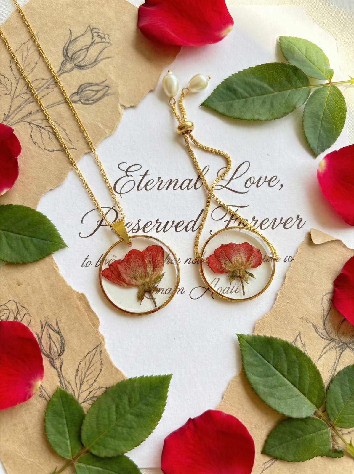 Real Rose Necklace and Bracelet Combo - Gold