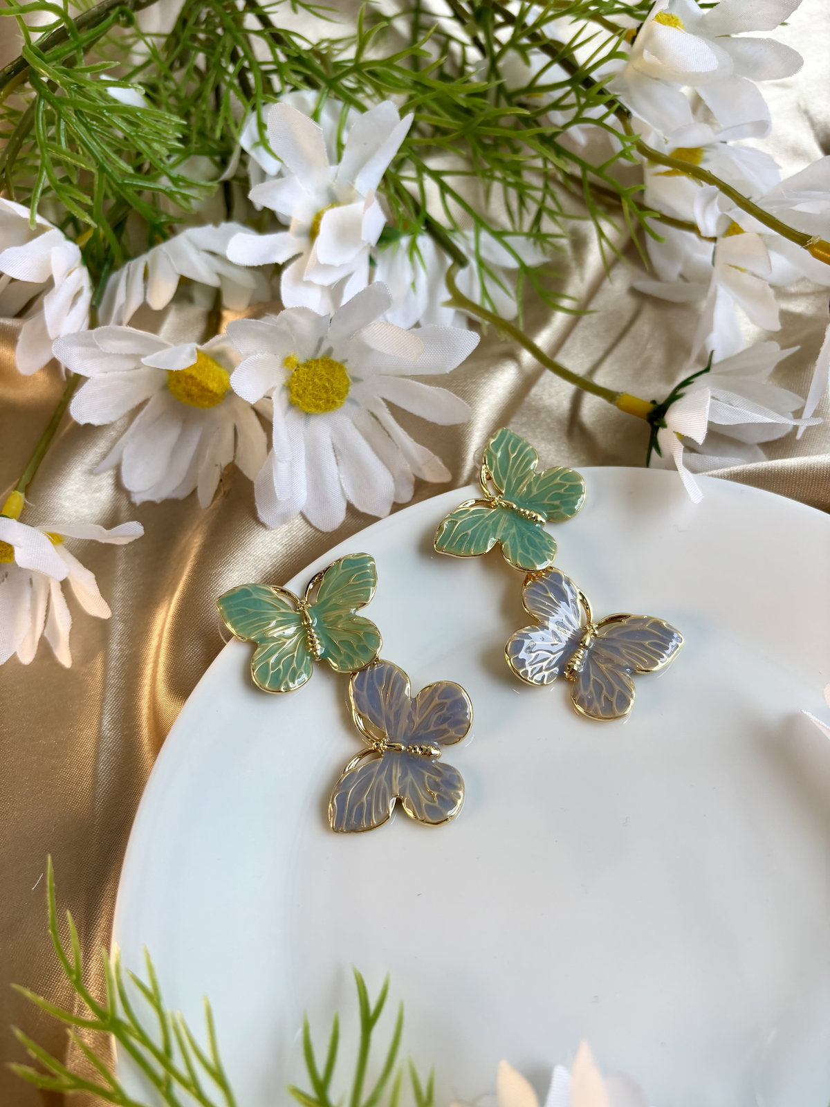 Butterfly Enamel Drops - Green and Pastel Blue
