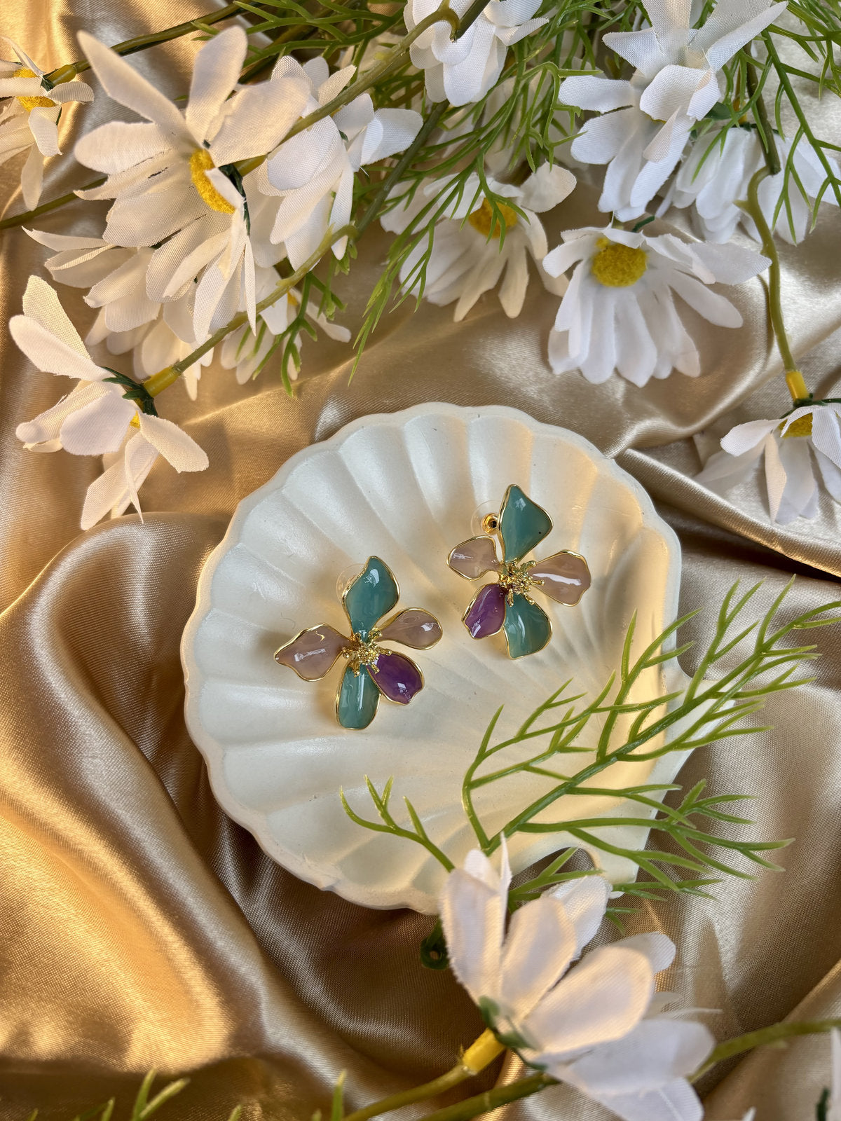 Petal Party Enamel Studs - Purple and Green