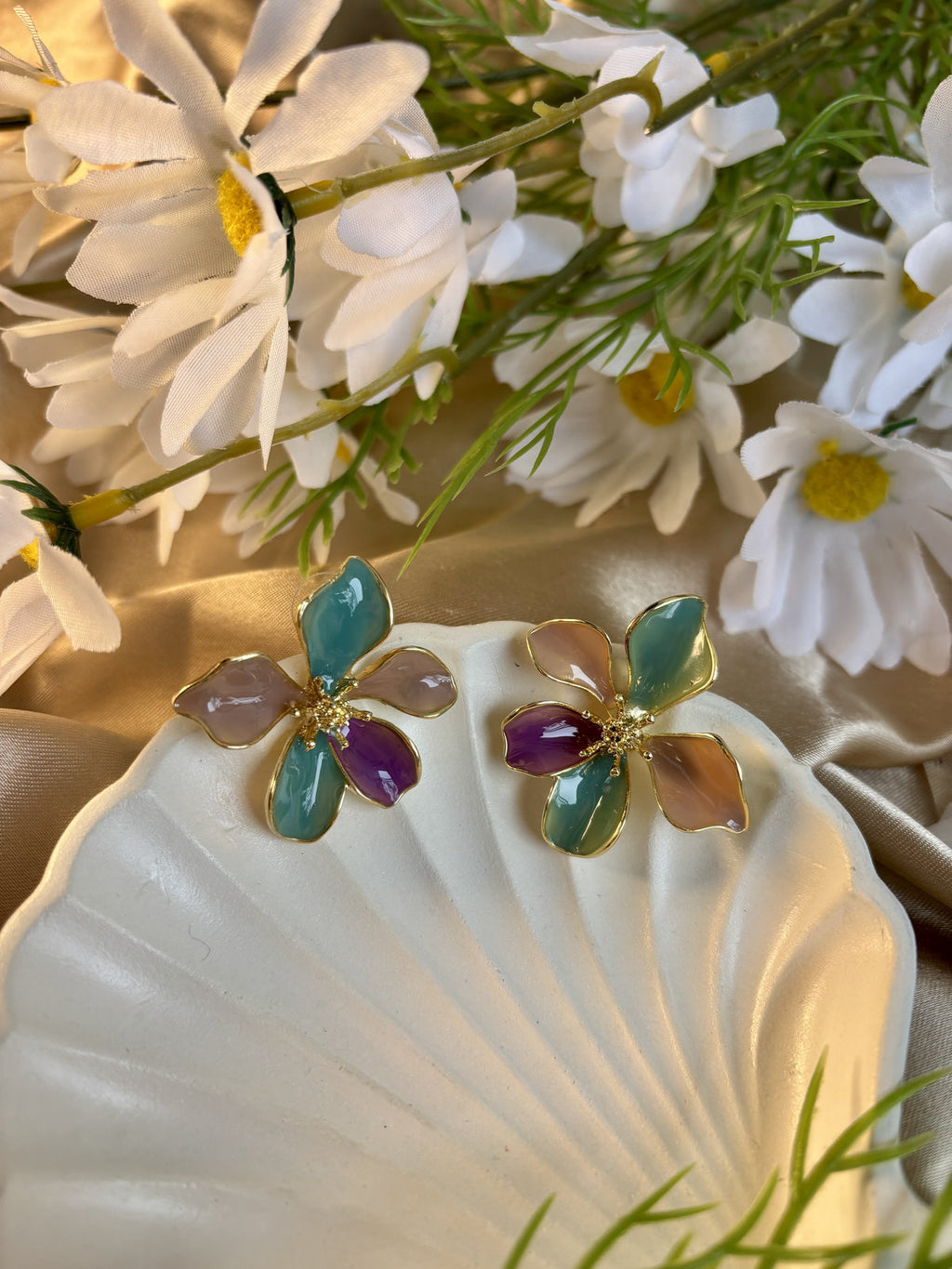 Petal Party Enamel Studs - Purple and Green