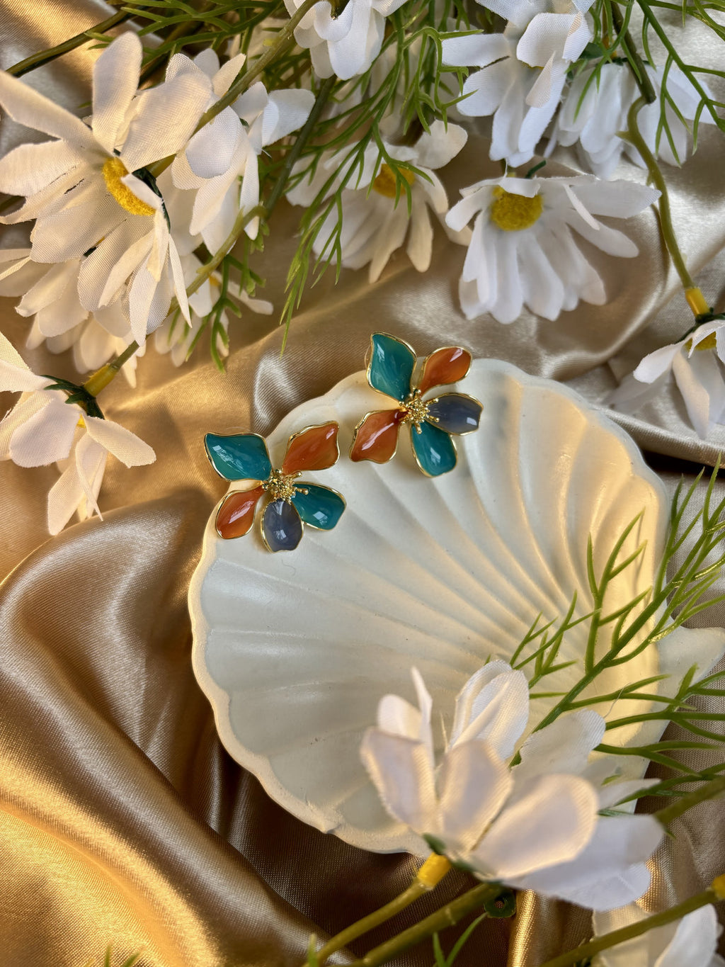 Petal Party Enamel Studs - Orange and Green