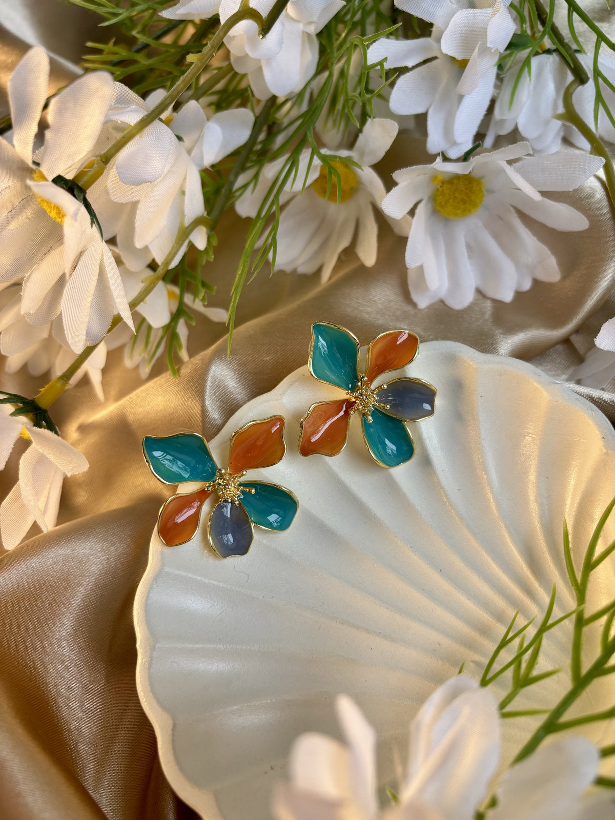 Petal Party Enamel Studs - Orange and Green
