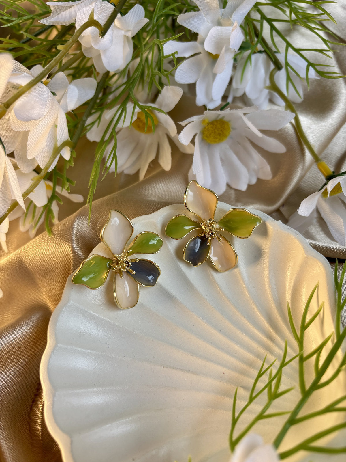 Petal Party Enamel Studs - Green and Beige