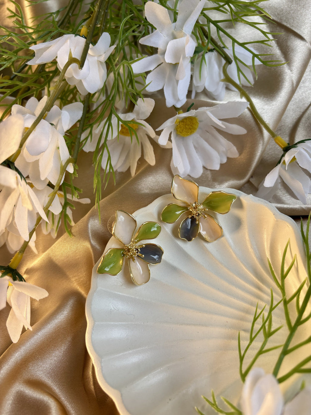 Petal Party Enamel Studs - Green and Beige