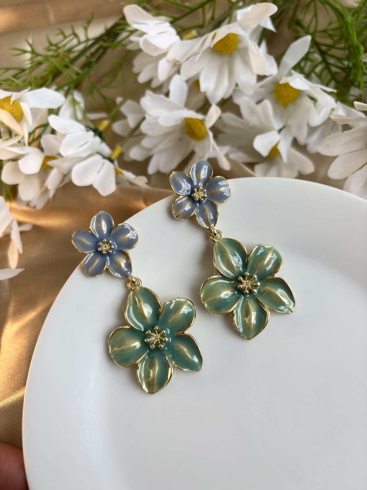 Floral Bliss Enamel Earrings - Blue and Green