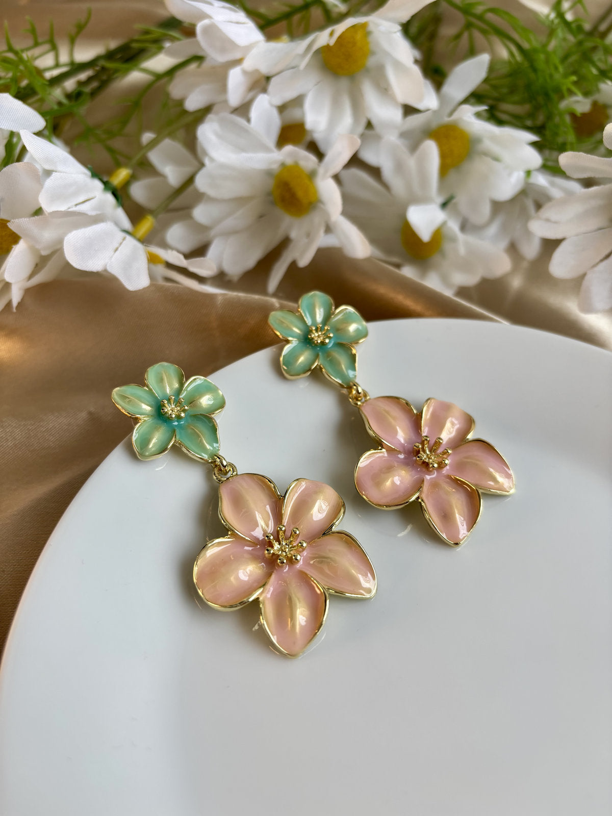 Floral Bliss Enamel Earrings - Green and Peach
