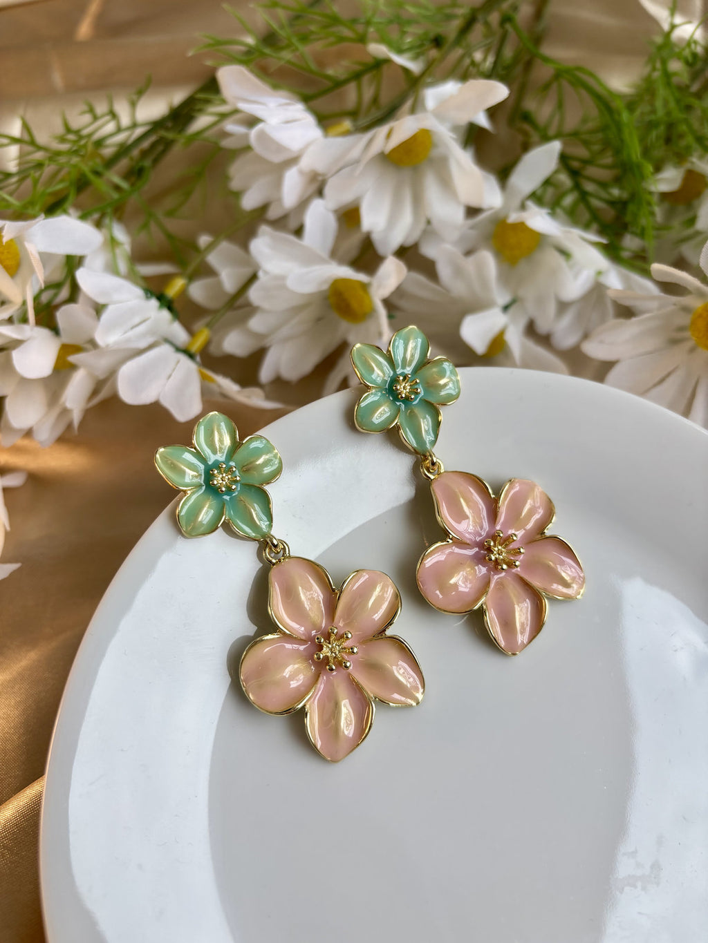 Floral Bliss Enamel Earrings - Green and Peach