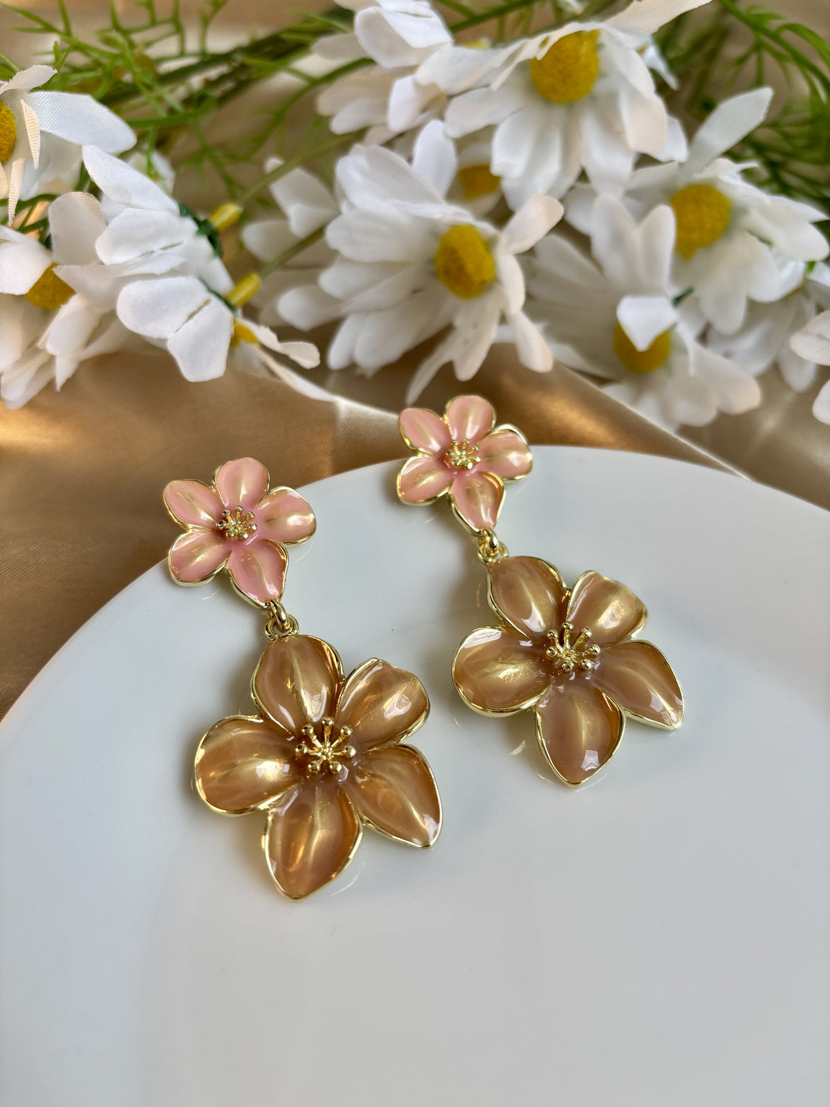 Floral Bliss Enamel Earrings - Pink and Brown