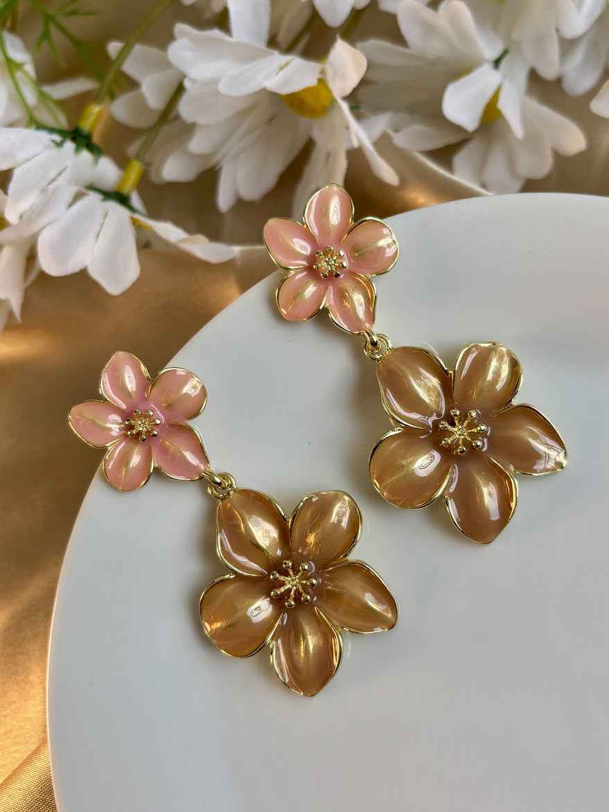 Floral Bliss Enamel Earrings - Pink and Brown
