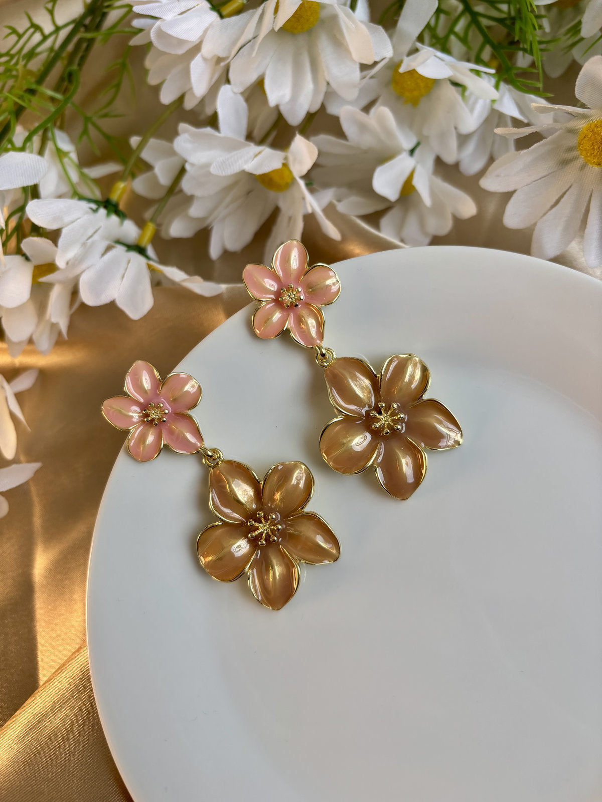 Floral Bliss Enamel Earrings - Pink and Brown