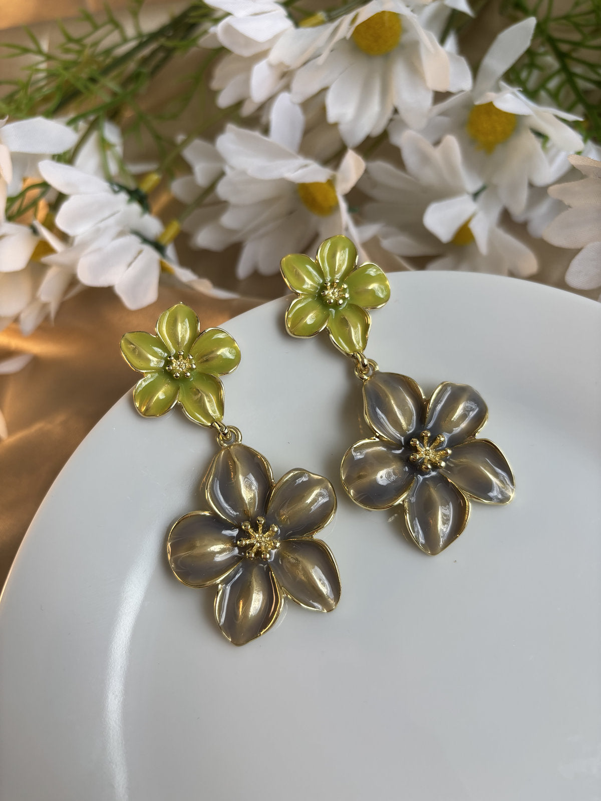 Floral Bliss Enamel Earrings - Green and Grey