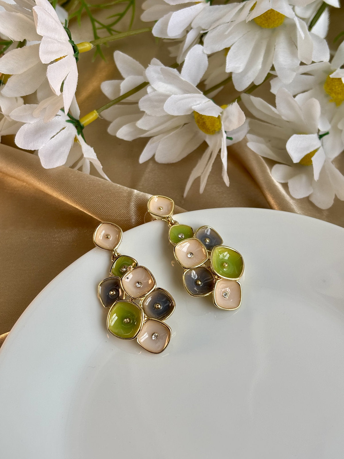 Grape Enamel Earrings - Beige and Green