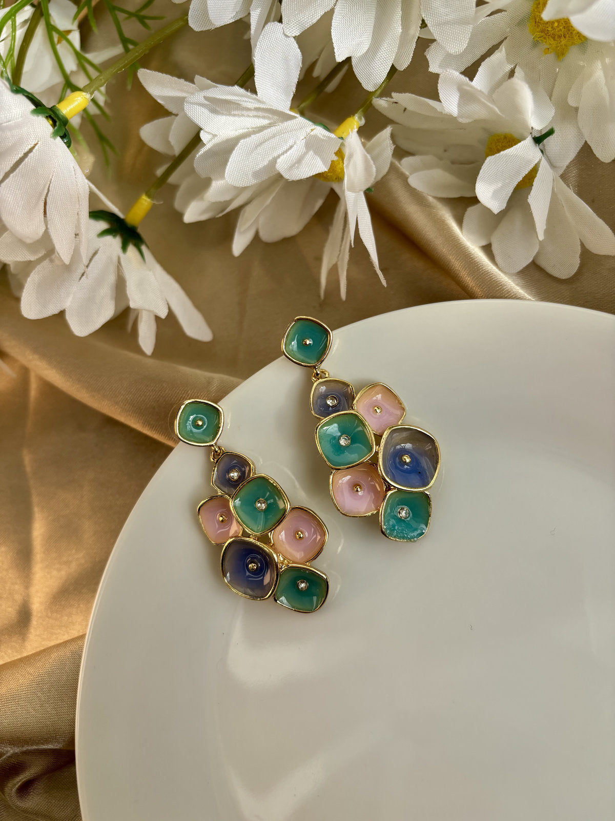 Grape Enamel Earrings - Peach and Green