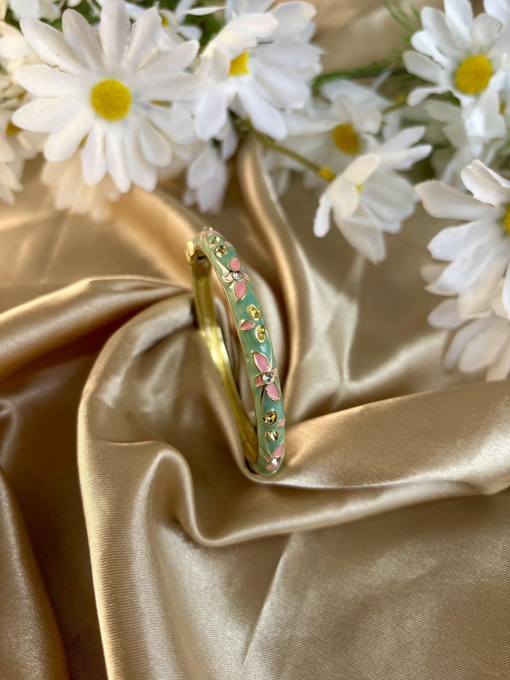Pink and Turquoise Floral Enamel Kada