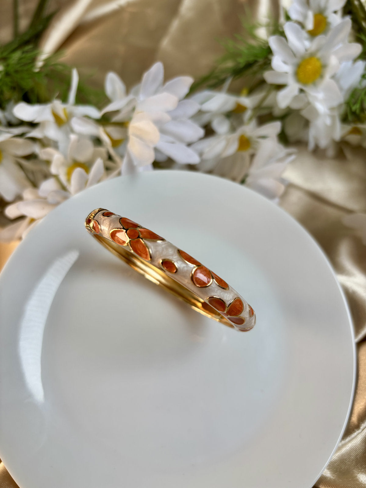 Orange and White Floral Enamel Kada
