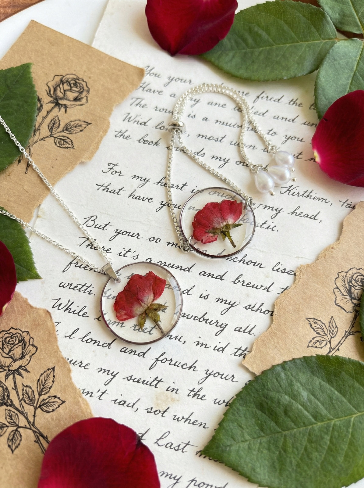 Real Rose Necklace and Bracelet Combo - Silver